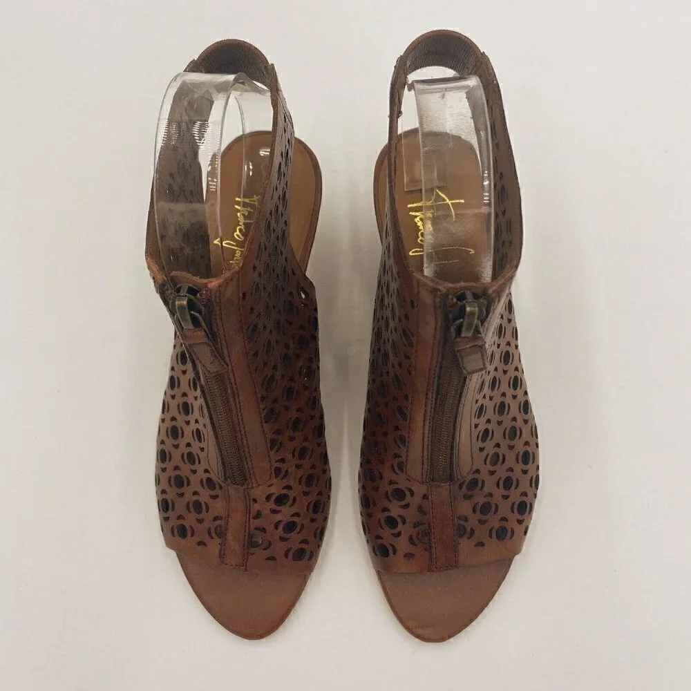 Franco Sarto Brown Laser Cut Leather Open Toe Wedge Booties Womens Size 6.5M